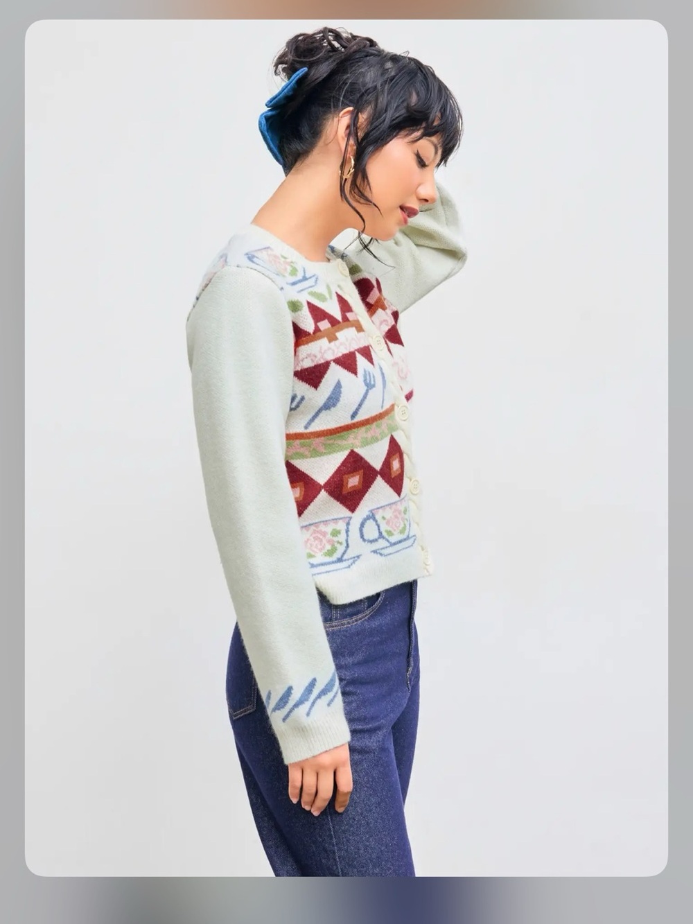 Cider CABLE KNIT ROUND NECKLINE GEOMETRIC CARDIGAN S WC19-4 - Picture 2 of 5